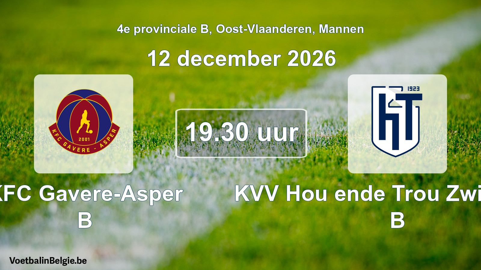 Geplande wedstrijd mannenvoetbal: KFC Gavere-Asper B - KVV Hou ende Trou Zwijnaarde B (12 december 2026)