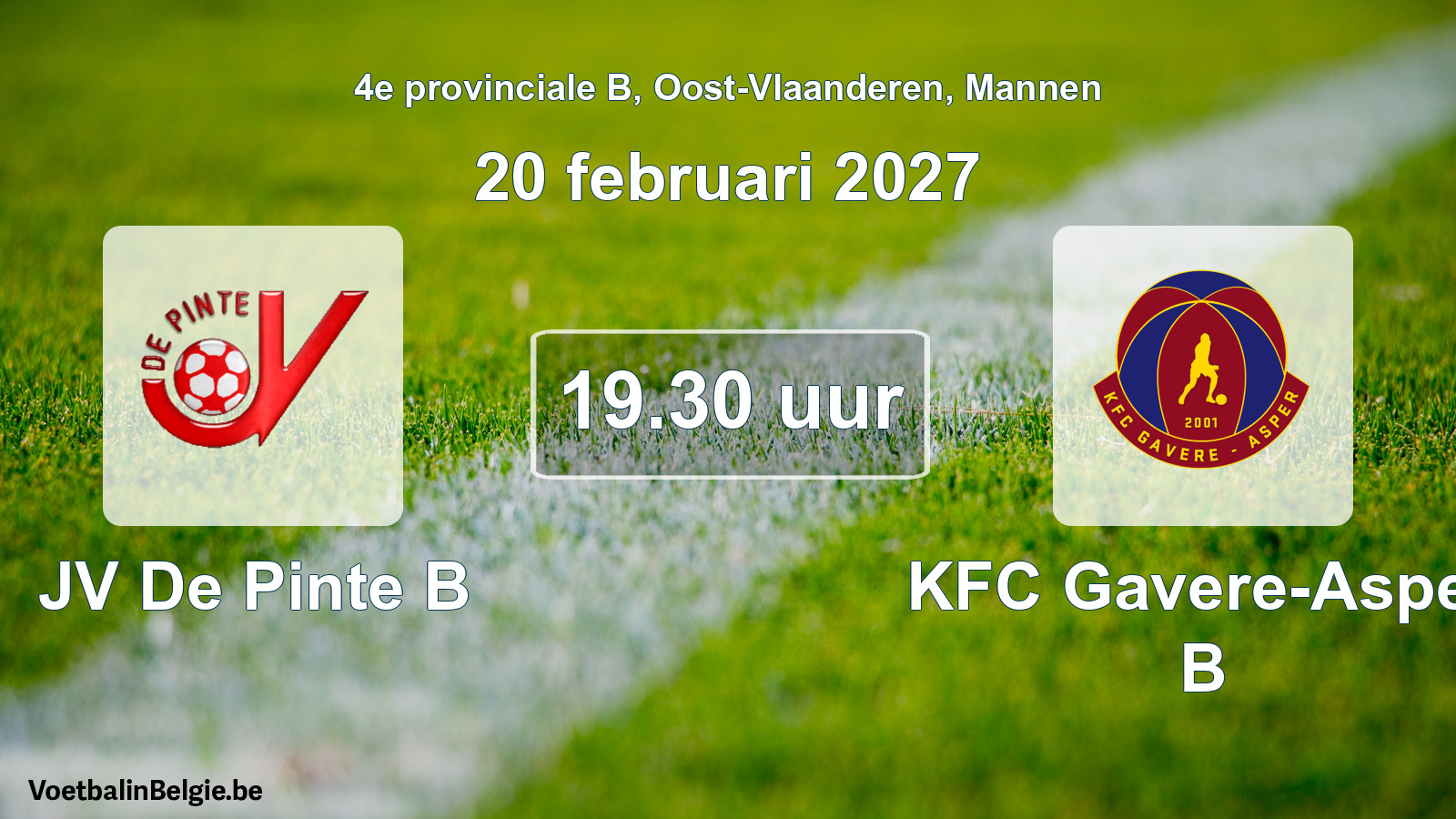 Geplande wedstrijd mannenvoetbal: JV De Pinte B - KFC Gavere-Asper B (20 februari 2027)