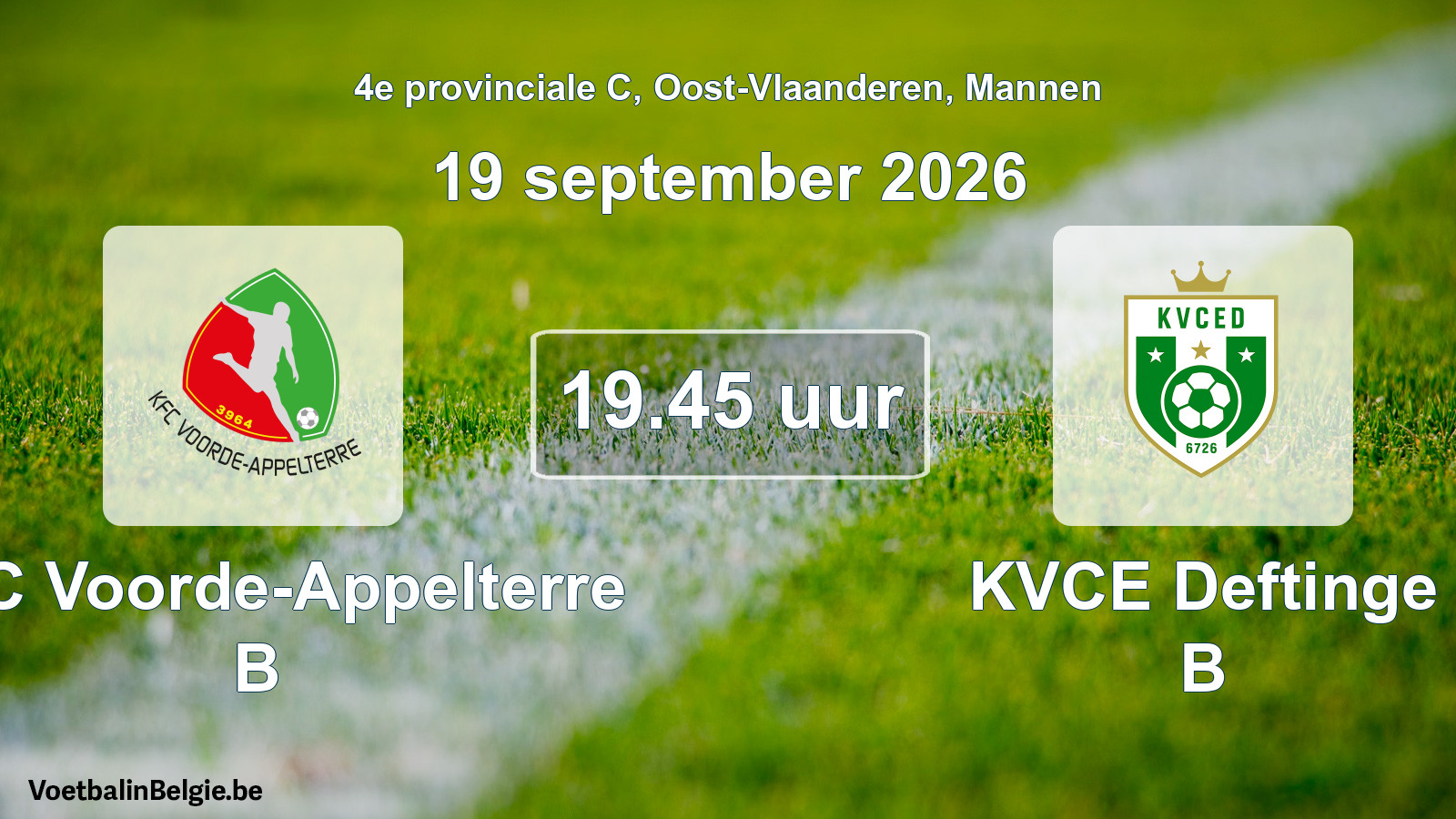 Geplande wedstrijd mannenvoetbal: KFC Voorde-Appelterre B - KVCE Deftinge B (19 september 2026)
