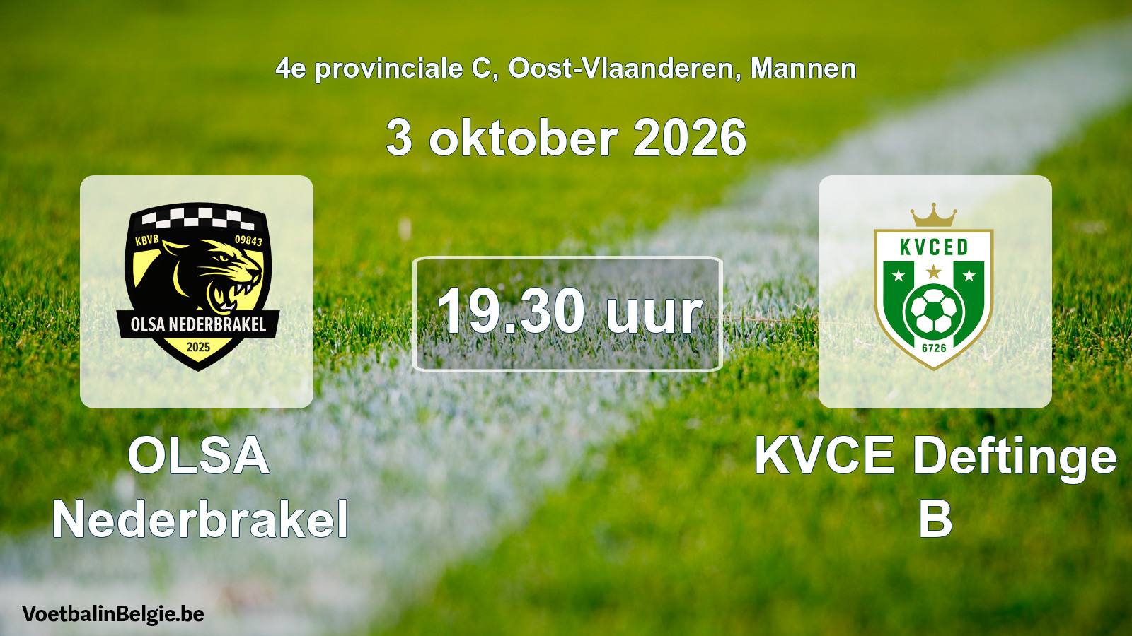 Geplande wedstrijd mannenvoetbal: OLSA Nederbrakel - KVCE Deftinge B (3 oktober 2026)