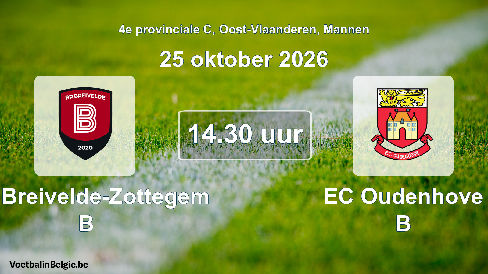 Geplande wedstrijd mannenvoetbal: RR Breivelde-Zottegem B - EC Oudenhove B (25 oktober 2026)