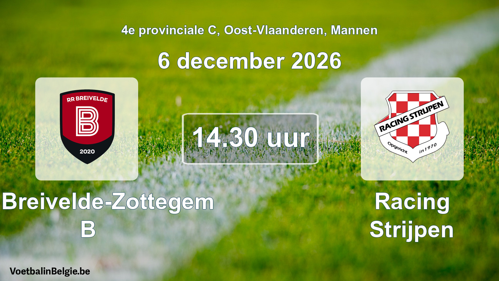 Geplande wedstrijd mannenvoetbal: RR Breivelde-Zottegem B - Racing Strijpen (6 december 2026)