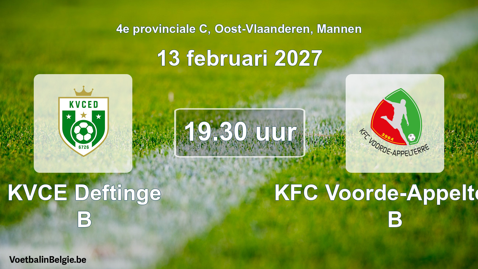 Geplande wedstrijd mannenvoetbal: KVCE Deftinge B - KFC Voorde-Appelterre B (13 februari 2027)