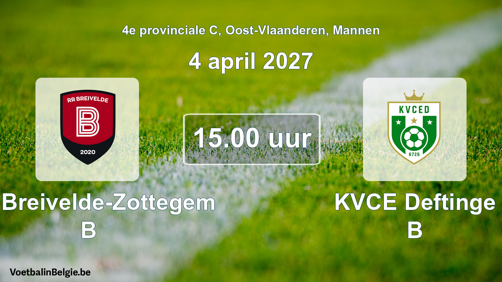 Geplande wedstrijd mannenvoetbal: RR Breivelde-Zottegem B - KVCE Deftinge B (4 april 2027)