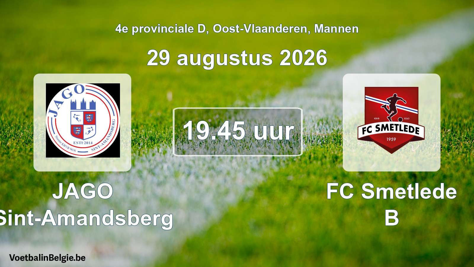 Geplande wedstrijd mannenvoetbal: JAGO Sint-Amandsberg - FC Smetlede B (29 augustus 2026)