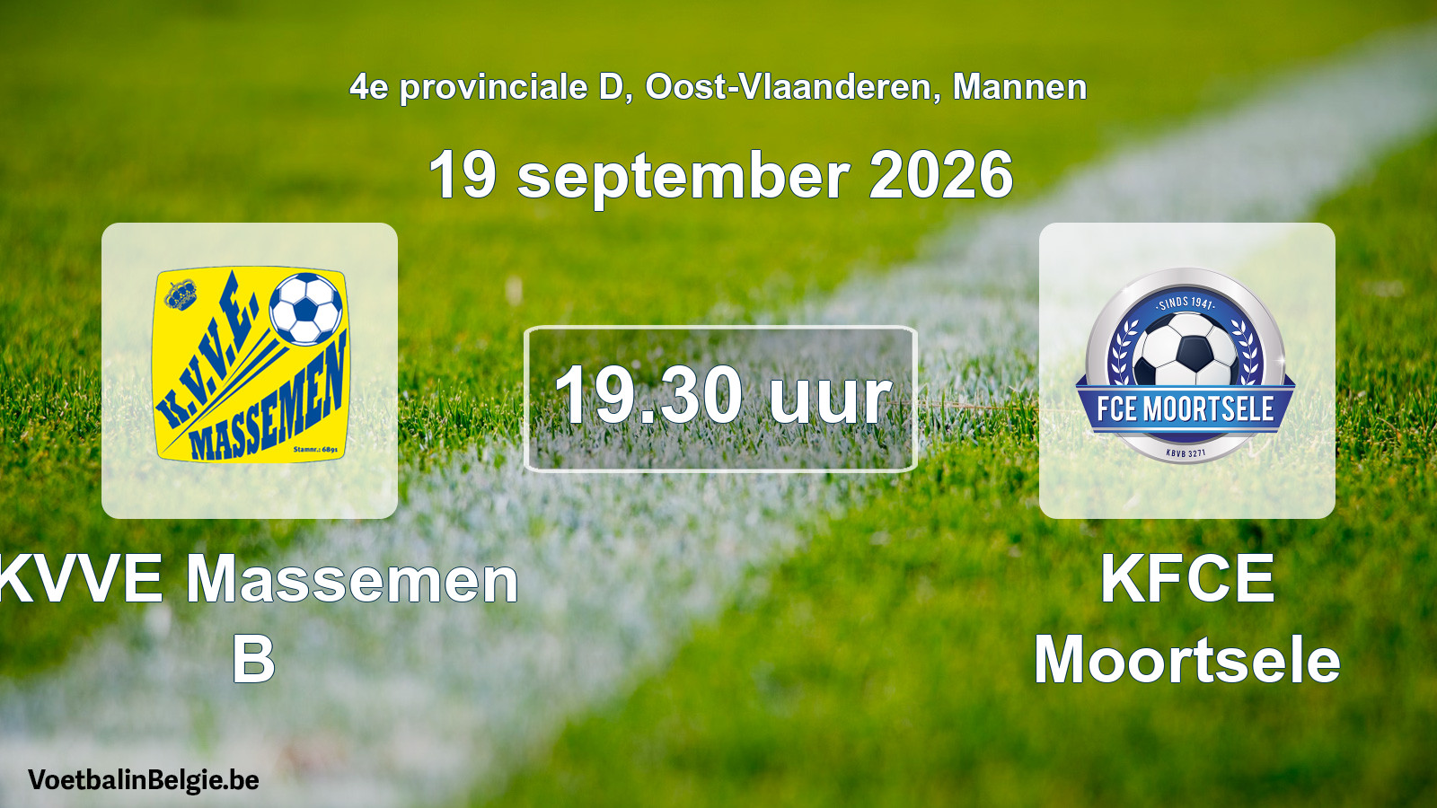Geplande wedstrijd mannenvoetbal: KVVE Massemen B - KFCE Moortsele (19 september 2026)