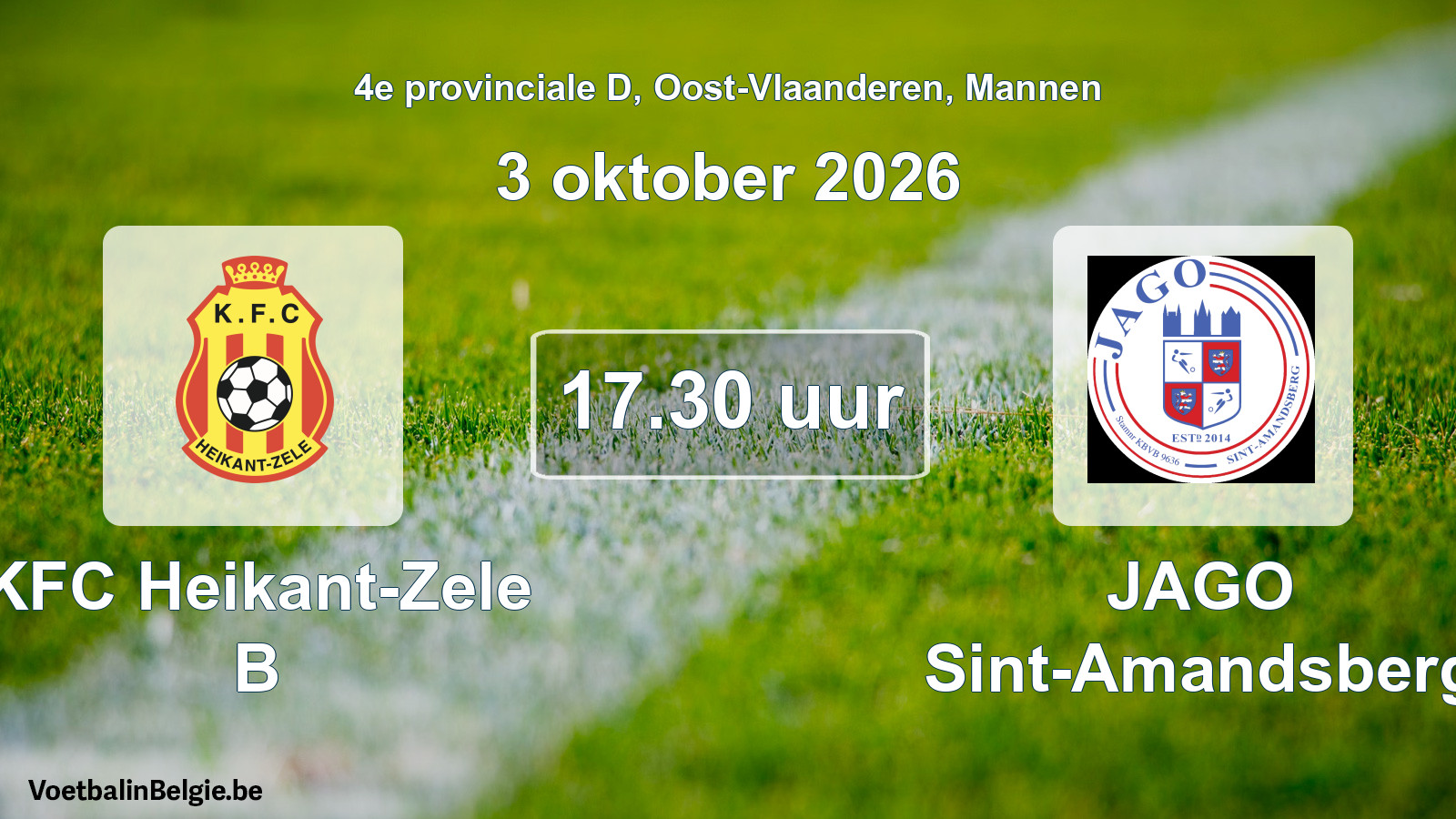 Geplande wedstrijd mannenvoetbal: KFC Heikant-Zele B - JAGO Sint-Amandsberg (3 oktober 2026)