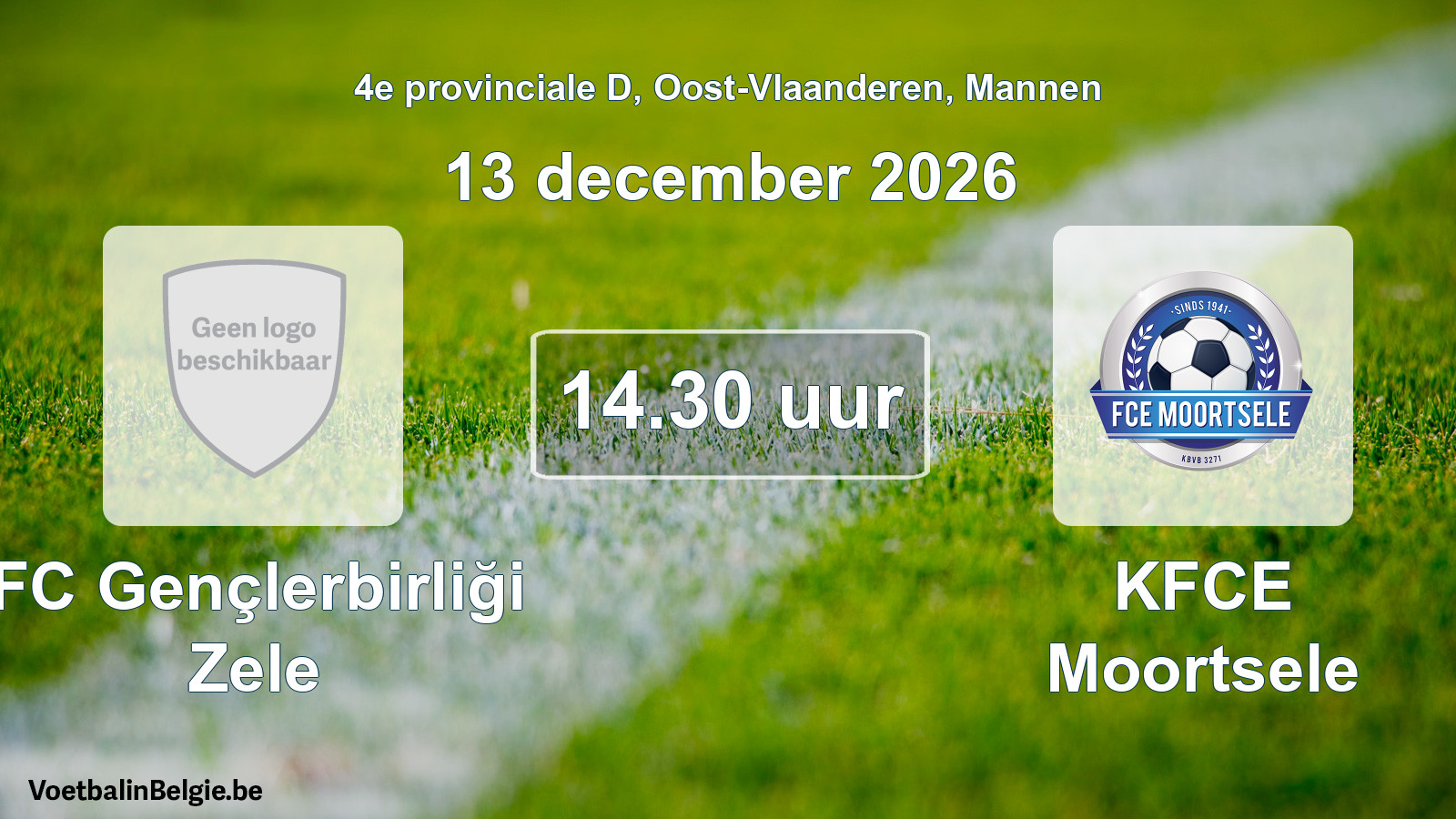 Geplande wedstrijd mannenvoetbal: FC Gençlerbirliği Zele - KFCE Moortsele (13 december 2026)