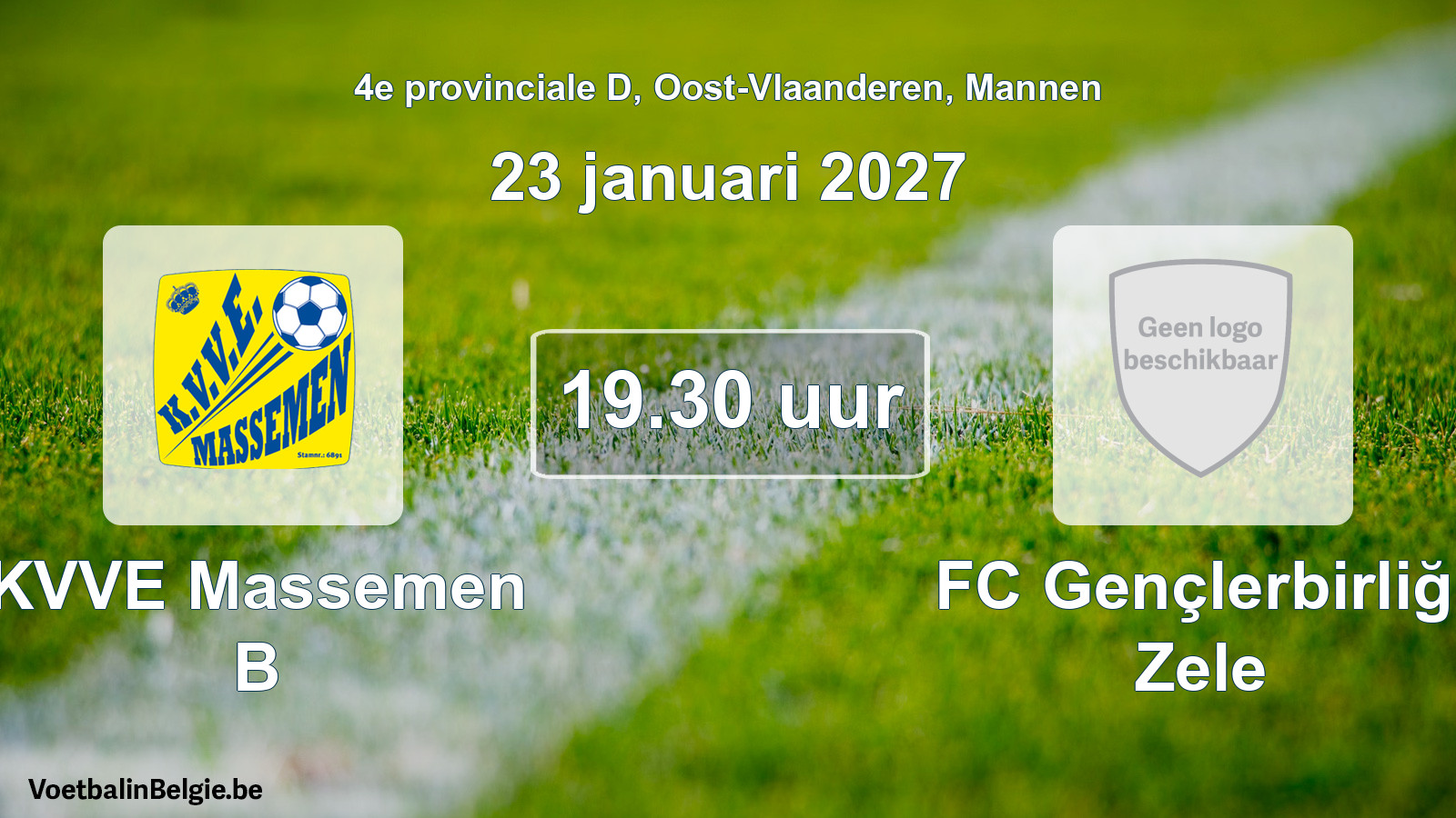 Geplande wedstrijd mannenvoetbal: KVVE Massemen B - FC Gençlerbirliği Zele (23 januari 2027)
