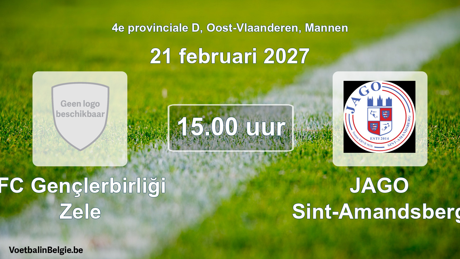Match prévu football hommes: FC Gençlerbirliği Zele - JAGO Sint-Amandsberg (21 février 2027)