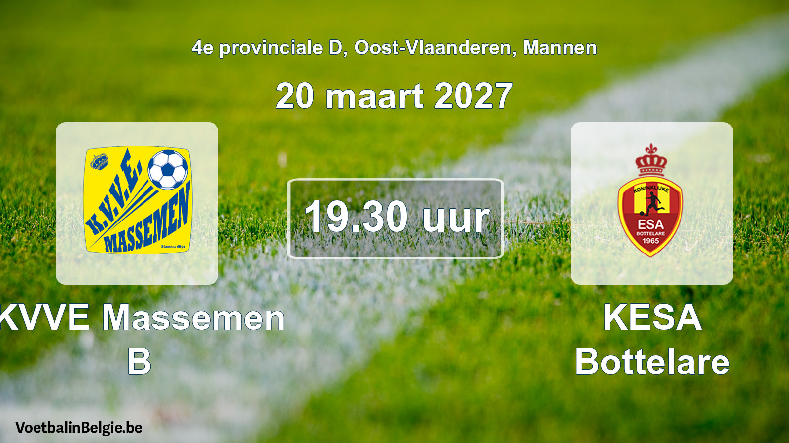 Match prévu football hommes: KVVE Massemen B - KESA Bottelare (20 mars 2027)