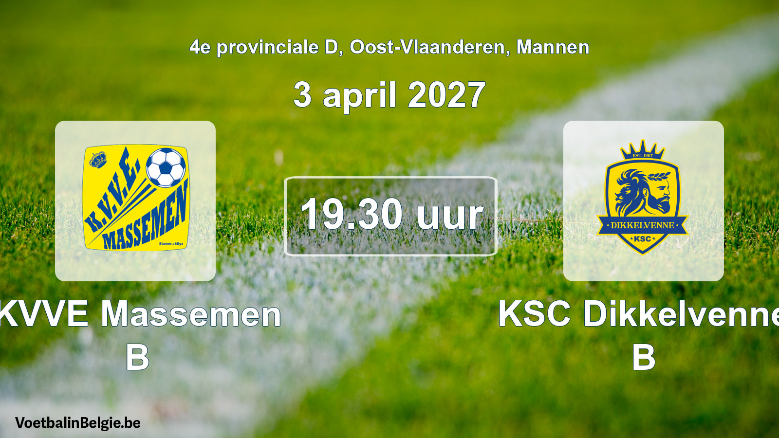Geplande wedstrijd mannenvoetbal: KVVE Massemen B - KSC Dikkelvenne B (3 april 2027)