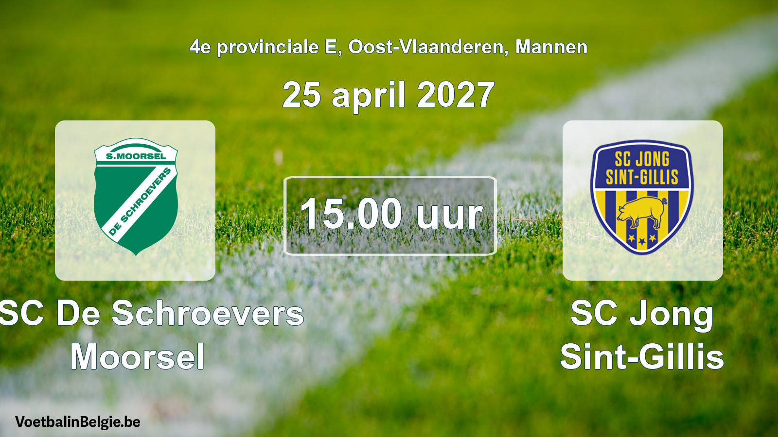 Geplande wedstrijd mannenvoetbal: KSC De Schroevers Moorsel - SC Jong Sint-Gillis (25 april 2027)