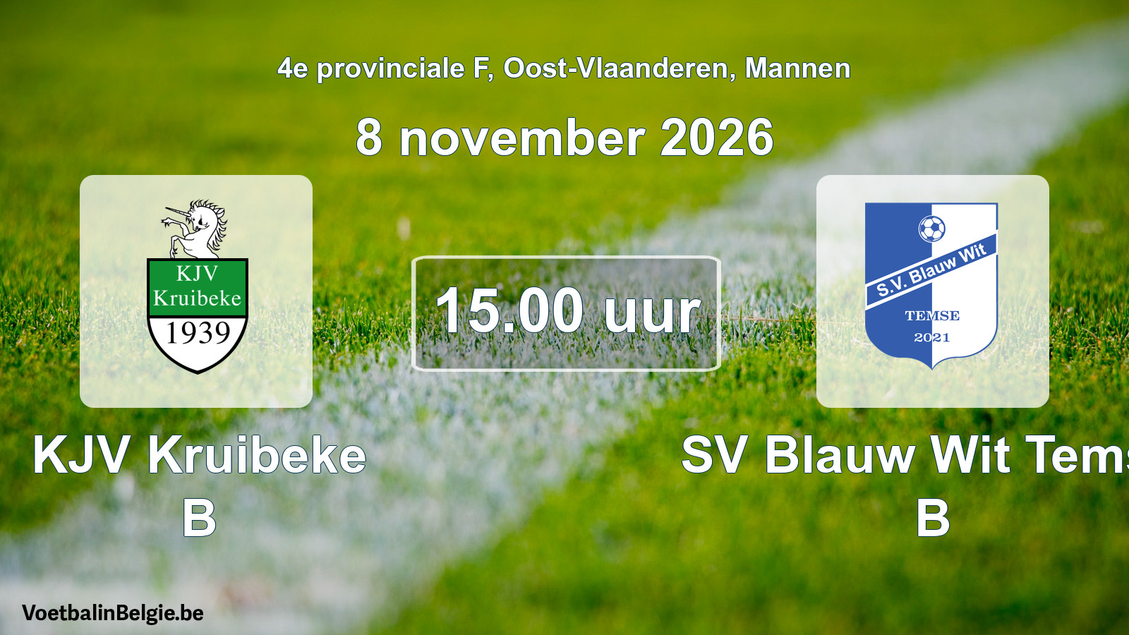 Geplande wedstrijd mannenvoetbal: KJV Kruibeke B - SV Blauw Wit Temse B (8 november 2026)