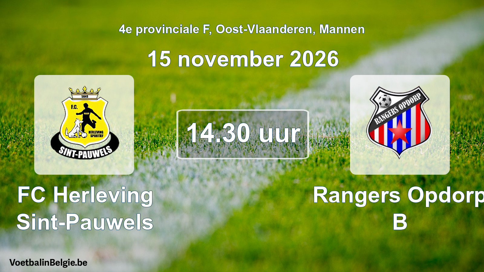 Geplande wedstrijd mannenvoetbal: FC Herleving Sint-Pauwels - Rangers Opdorp B (15 november 2026)