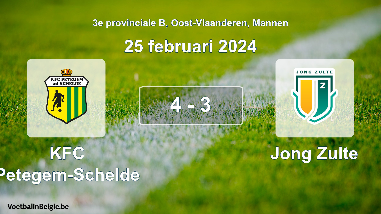 Gespeelde wedstrijd mannenvoetbal: KFC Petegem-Schelde - Jong Zulte 4 - 3 (25 februari 2024)