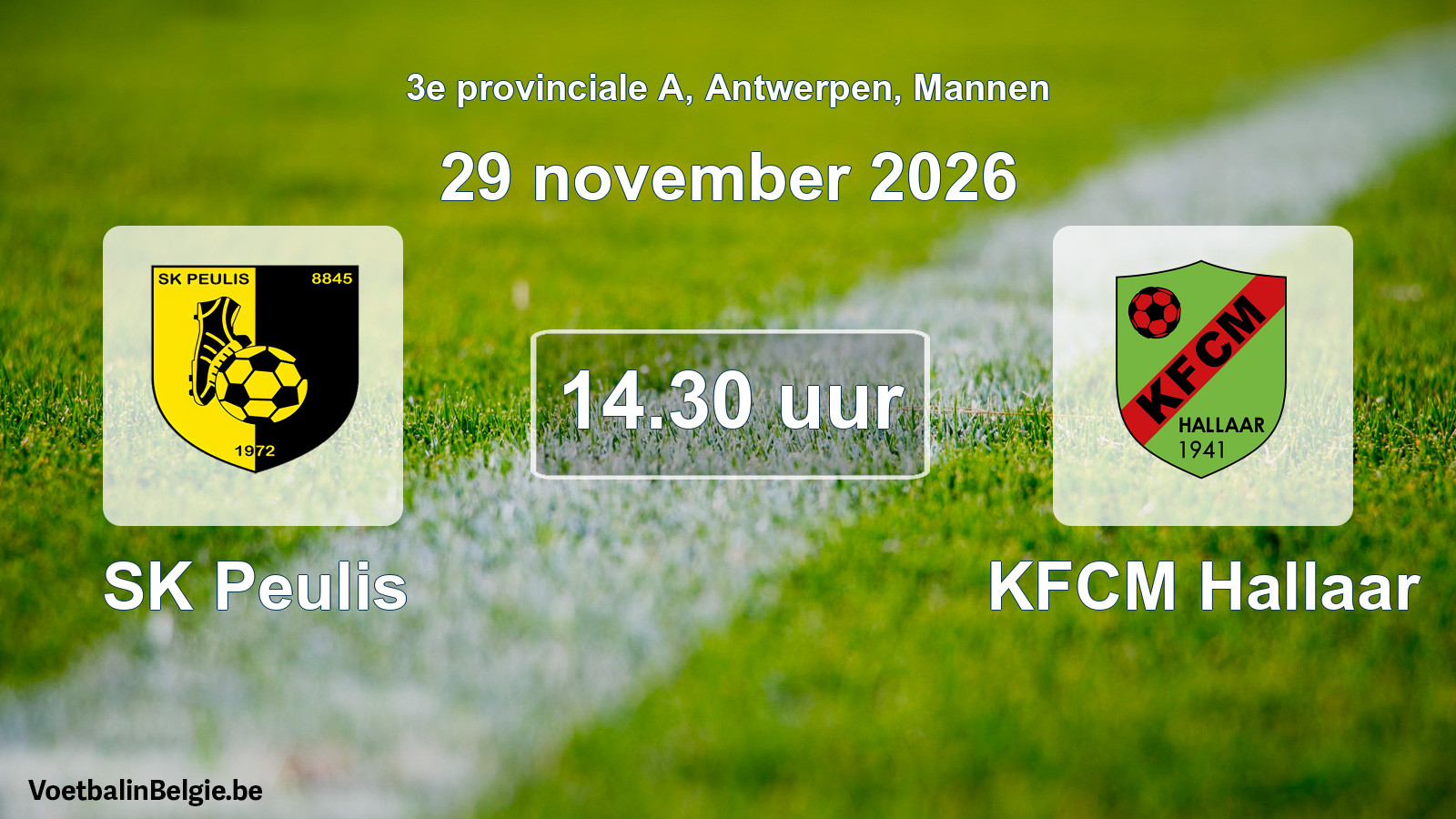 Geplande wedstrijd mannenvoetbal: SK Peulis - KFCM Hallaar (29 november 2026)