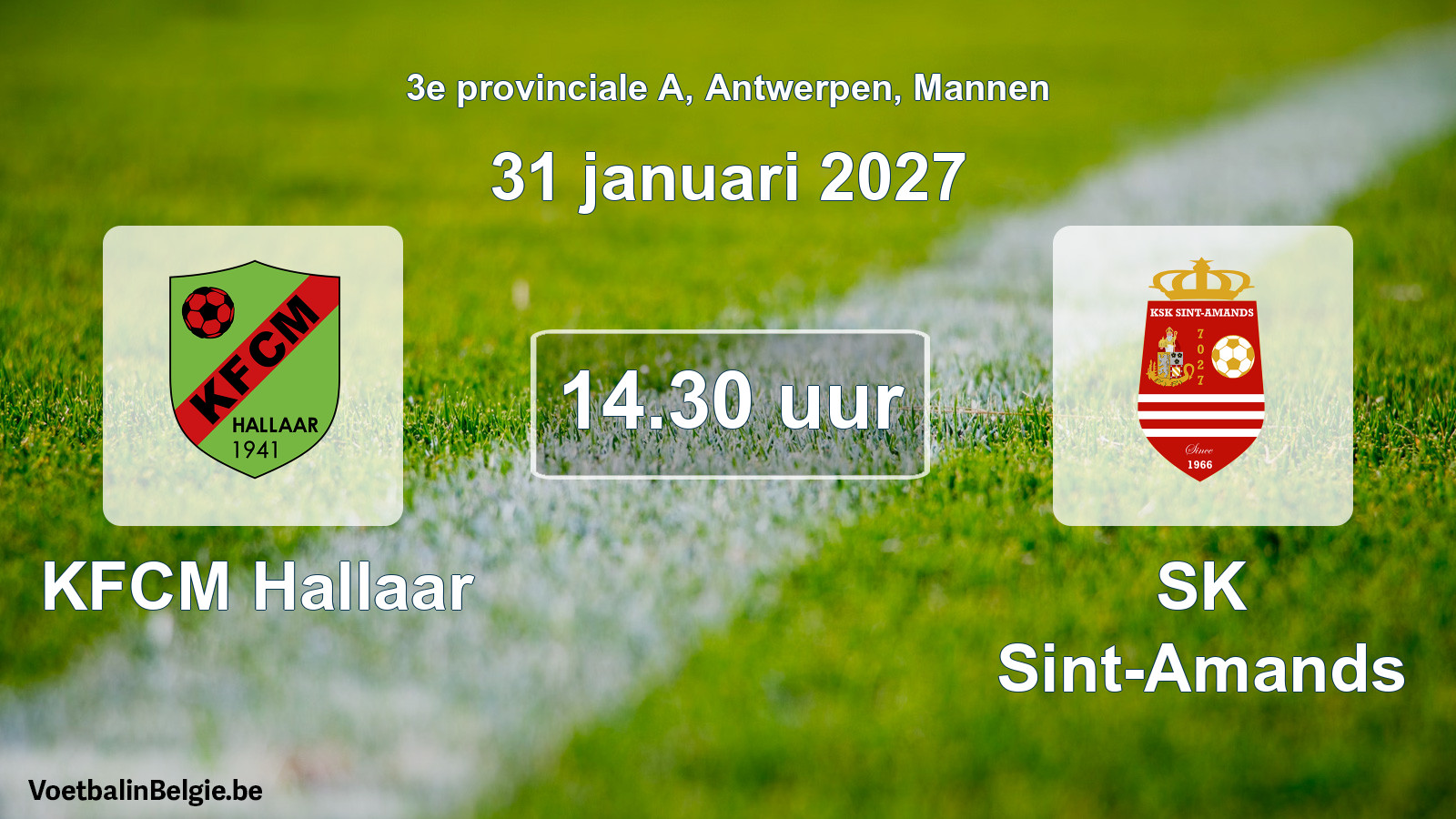 Geplande wedstrijd mannenvoetbal: KFCM Hallaar - SK Sint-Amands (31 januari 2027)