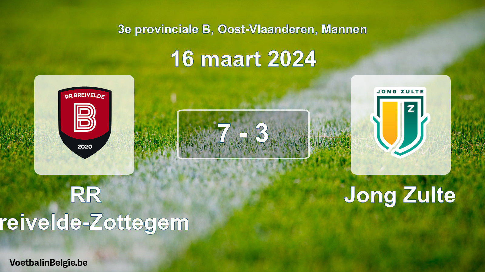Gespeelde wedstrijd mannenvoetbal: RR Breivelde-Zottegem - Jong Zulte 7 - 3 (16 maart 2024)