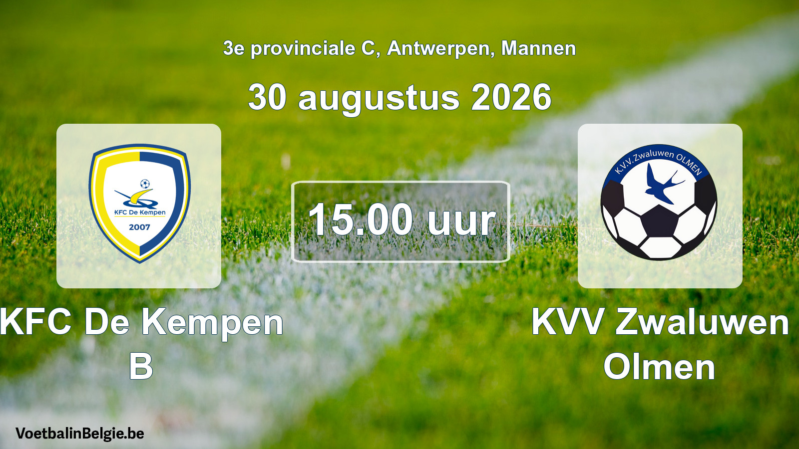 Geplande wedstrijd mannenvoetbal: KFC De Kempen B - KVV Zwaluwen Olmen (30 augustus 2026)
