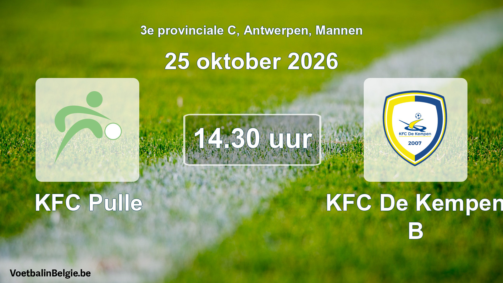 Geplande wedstrijd mannenvoetbal: KFC Pulle - KFC De Kempen B (25 oktober 2026)
