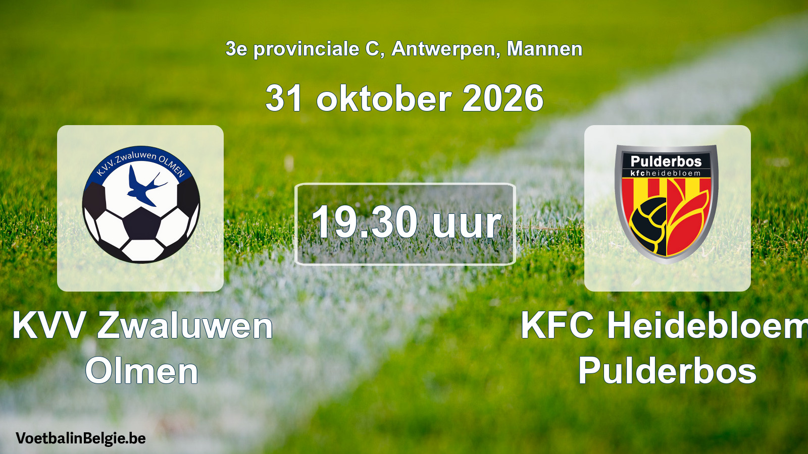 Geplande wedstrijd mannenvoetbal: KVV Zwaluwen Olmen - KFC Heidebloem Pulderbos (31 oktober 2026)