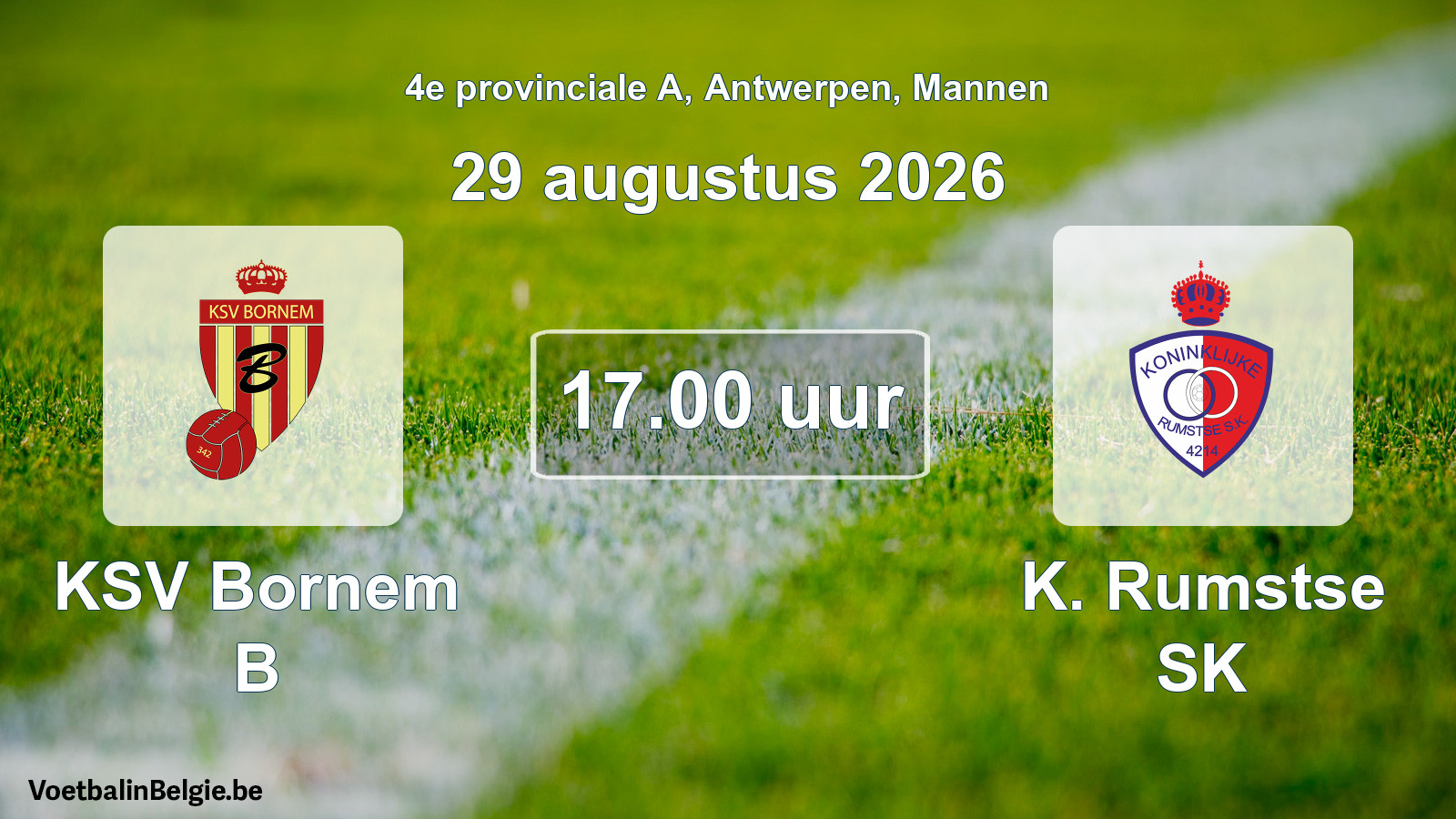 Geplande wedstrijd mannenvoetbal: KSV Bornem B - K. Rumstse SK (29 augustus 2026)