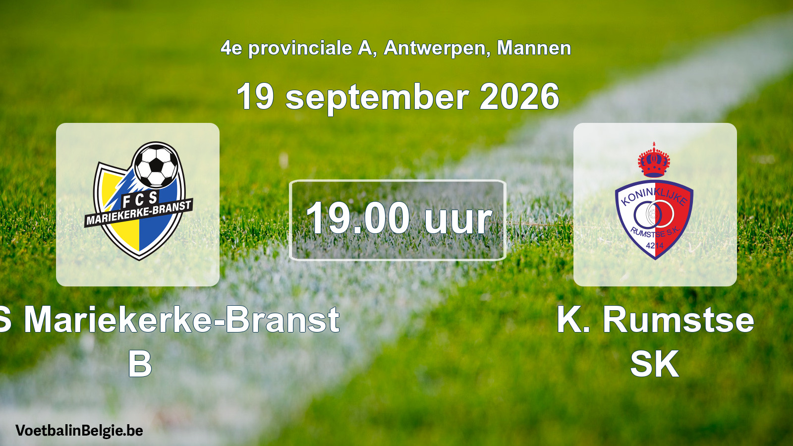 Geplande wedstrijd mannenvoetbal: FCS Mariekerke-Branst B - K. Rumstse SK (19 september 2026)