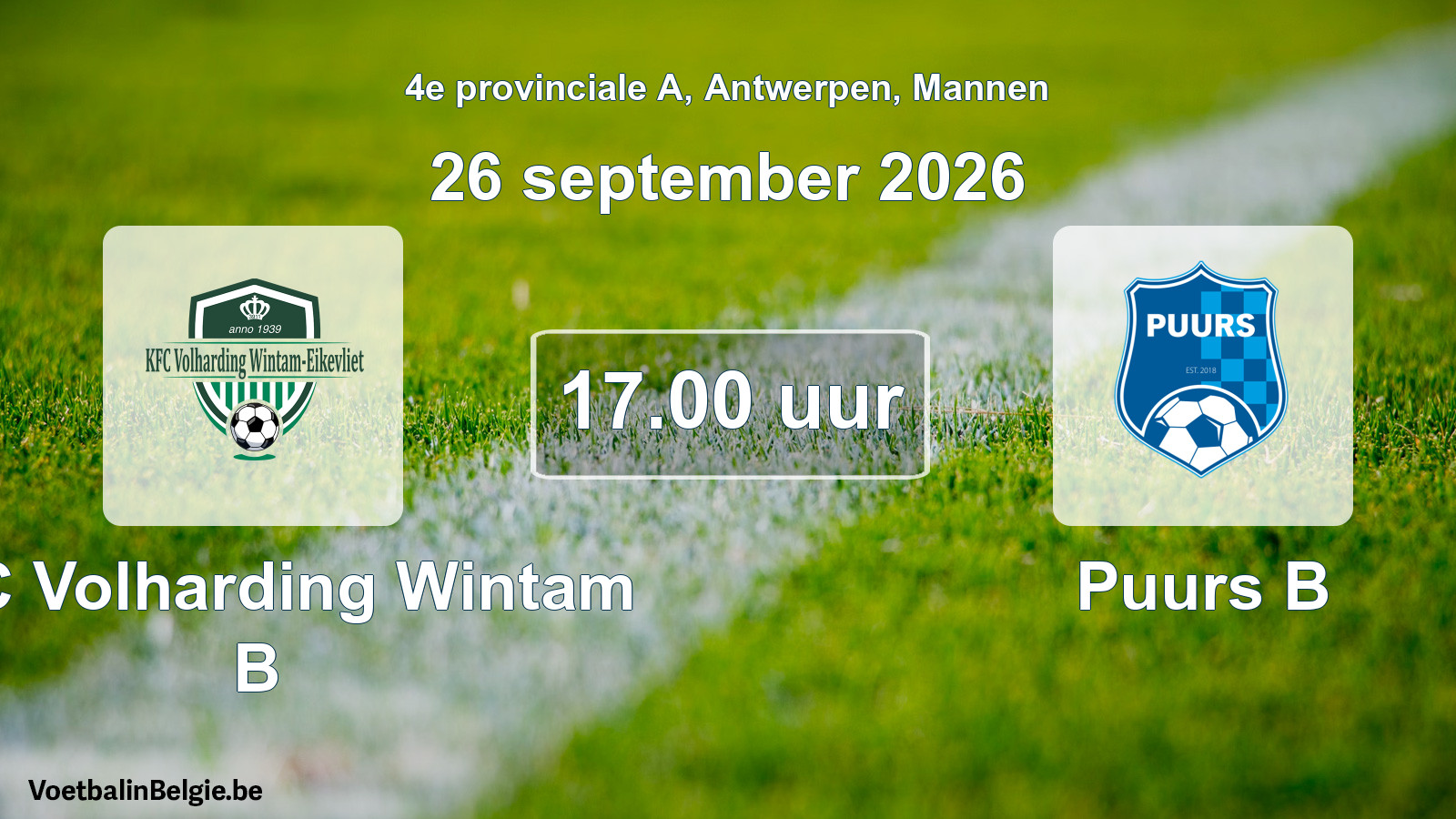 Geplande wedstrijd mannenvoetbal: KFC Volharding Wintam B - Puurs B (26 september 2026)