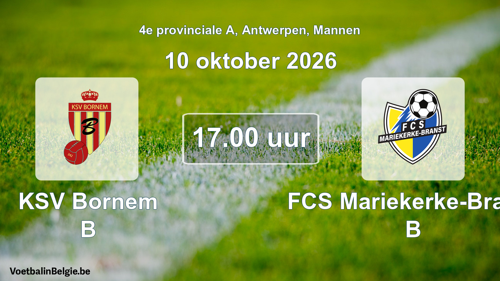 Geplande wedstrijd mannenvoetbal: KSV Bornem B - FCS Mariekerke-Branst B (10 oktober 2026)