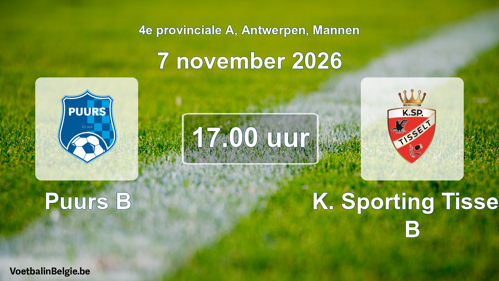 Geplande wedstrijd mannenvoetbal: Puurs B - K. Sporting Tisselt B (7 november 2026)