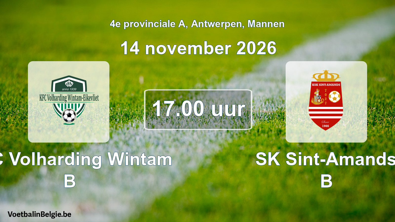 Geplande wedstrijd mannenvoetbal: KFC Volharding Wintam B - SK Sint-Amands B (14 november 2026)