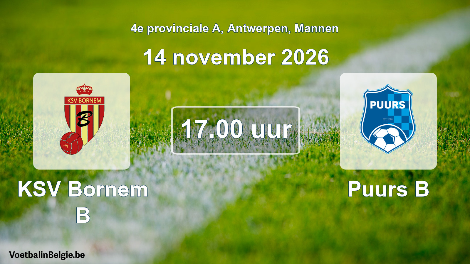 Geplande wedstrijd mannenvoetbal: KSV Bornem B - Puurs B (14 november 2026)