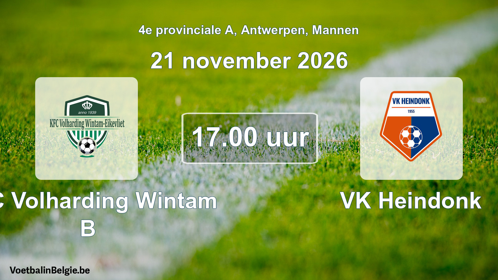 Geplande wedstrijd mannenvoetbal: KFC Volharding Wintam B - VK Heindonk (21 november 2026)