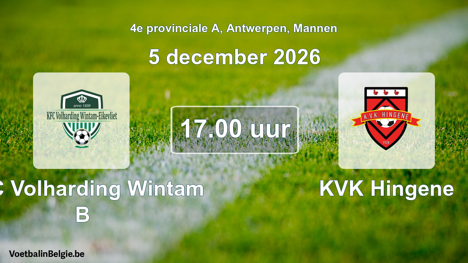 Geplande wedstrijd mannenvoetbal: KFC Volharding Wintam B - KVK Hingene (5 december 2026)