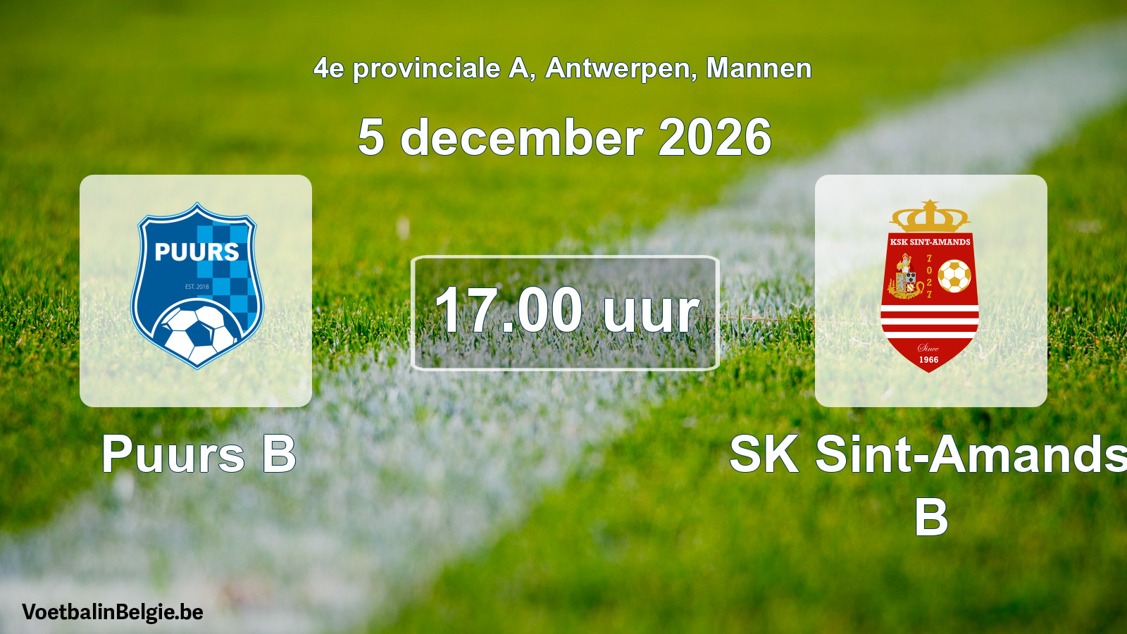 Geplande wedstrijd mannenvoetbal: Puurs B - SK Sint-Amands B (5 december 2026)