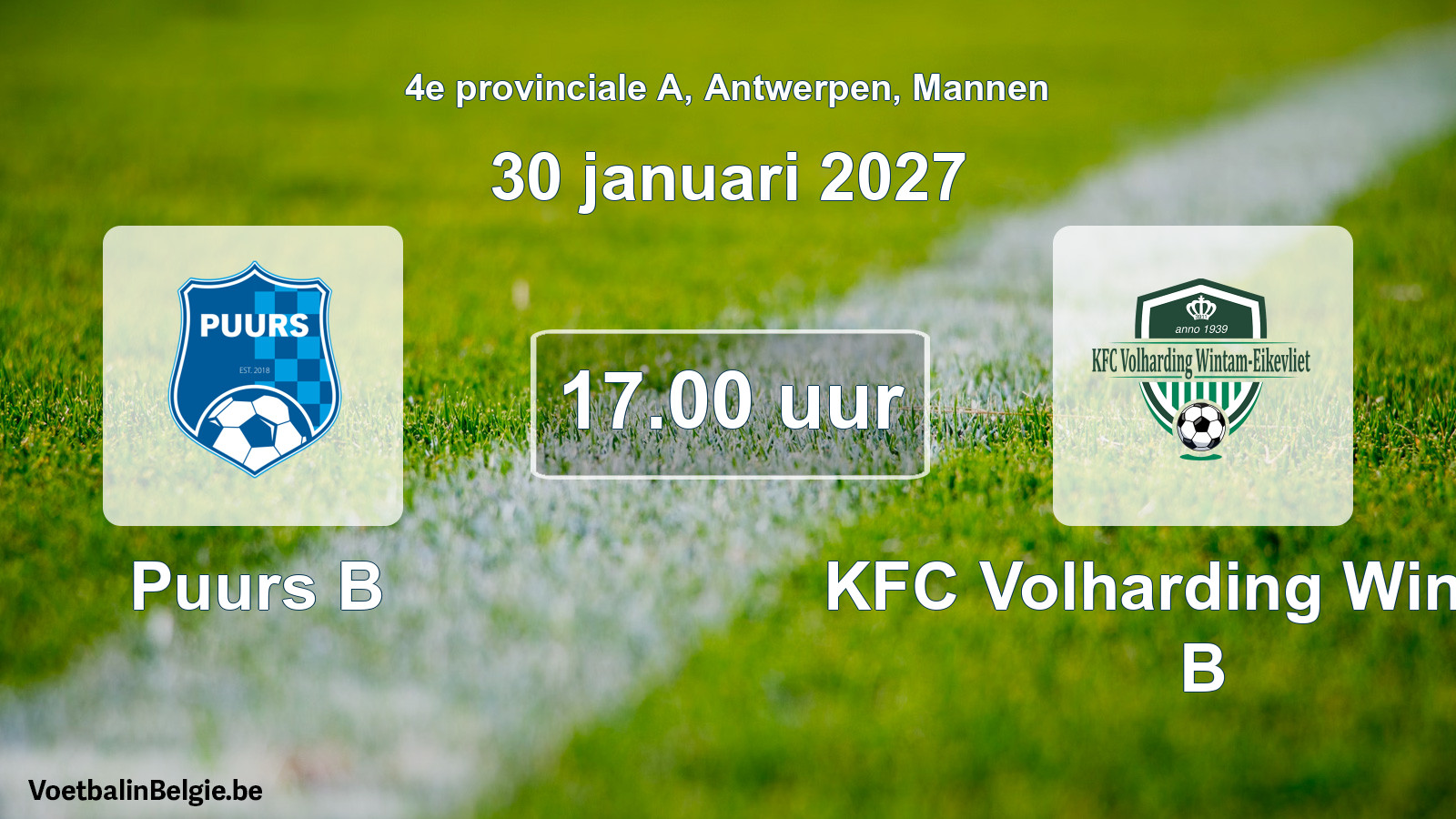 Geplande wedstrijd mannenvoetbal: Puurs B - KFC Volharding Wintam B (30 januari 2027)