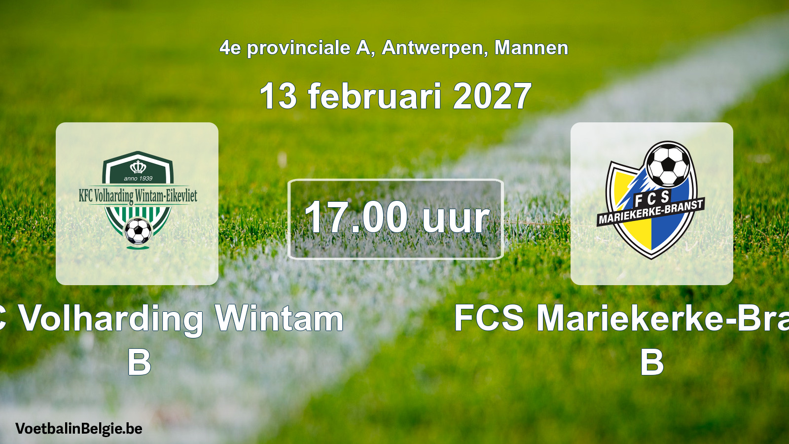 Geplande wedstrijd mannenvoetbal: KFC Volharding Wintam B - FCS Mariekerke-Branst B (13 februari 2027)