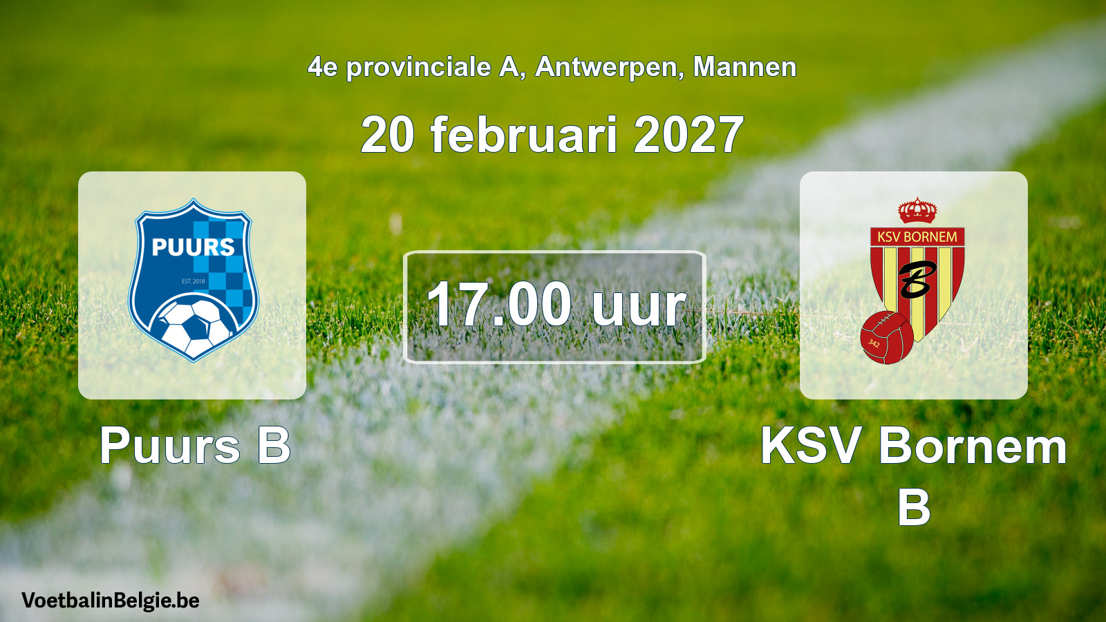 Geplande wedstrijd mannenvoetbal: Puurs B - KSV Bornem B (20 februari 2027)