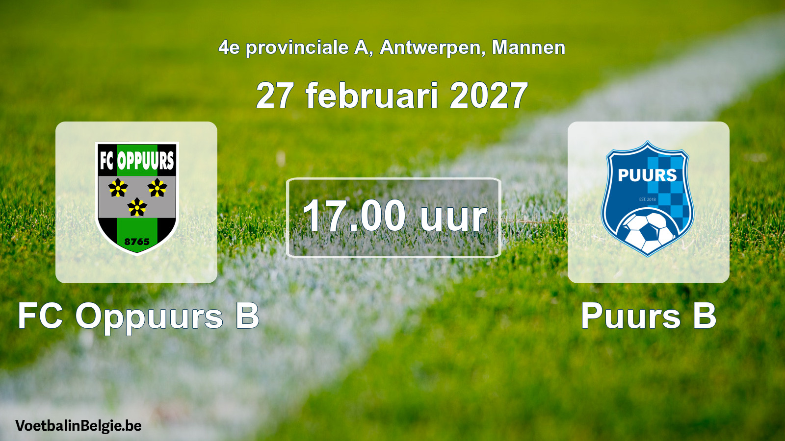 Geplande wedstrijd mannenvoetbal: FC Oppuurs B - Puurs B (27 februari 2027)