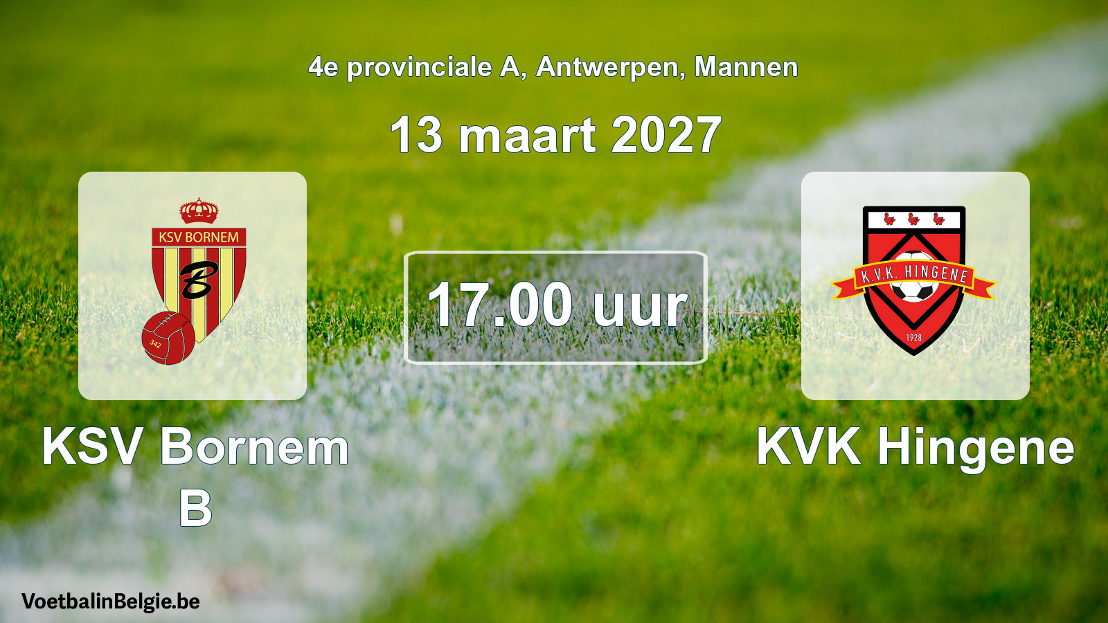 Geplande wedstrijd mannenvoetbal: KSV Bornem B - KVK Hingene (13 maart 2027)