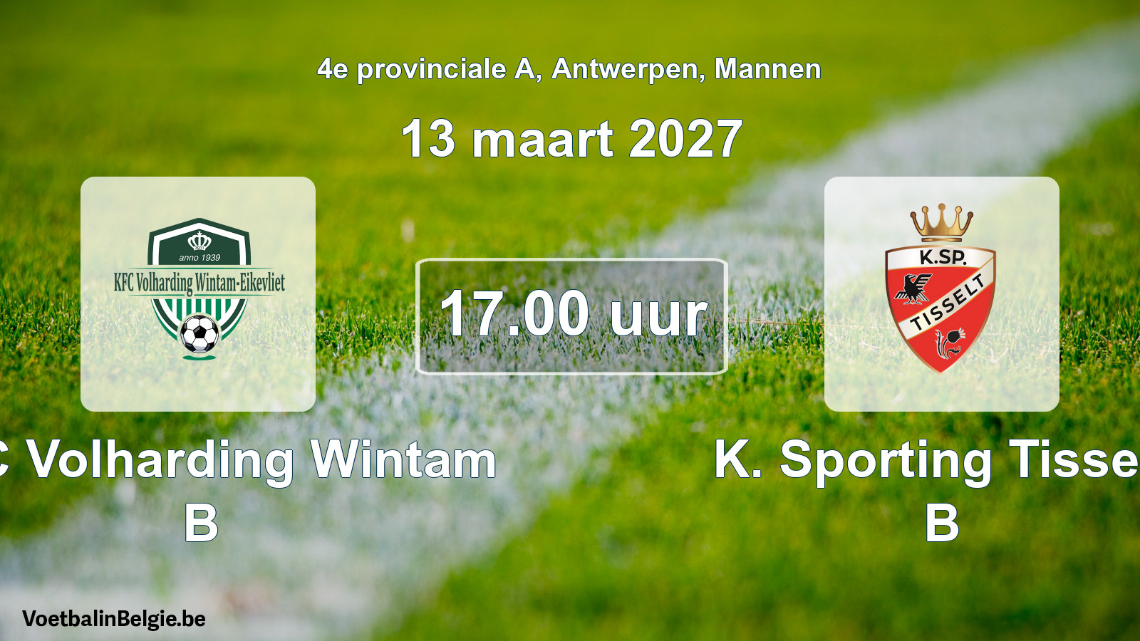 Geplande wedstrijd mannenvoetbal: KFC Volharding Wintam B - K. Sporting Tisselt B (13 maart 2027)
