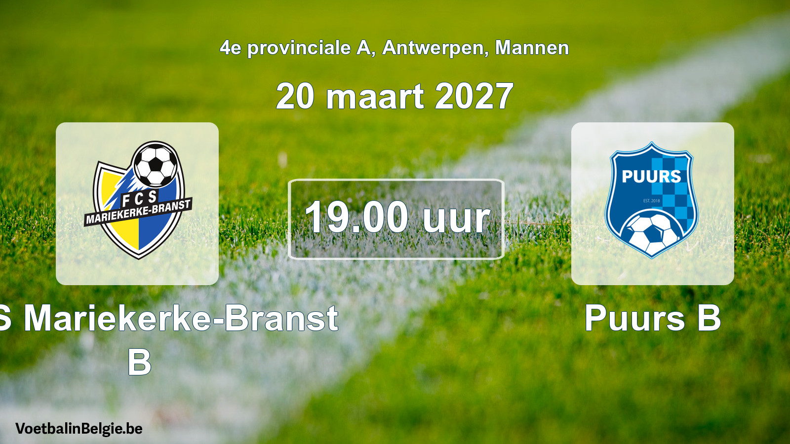 Geplande wedstrijd mannenvoetbal: FCS Mariekerke-Branst B - Puurs B (20 maart 2027)