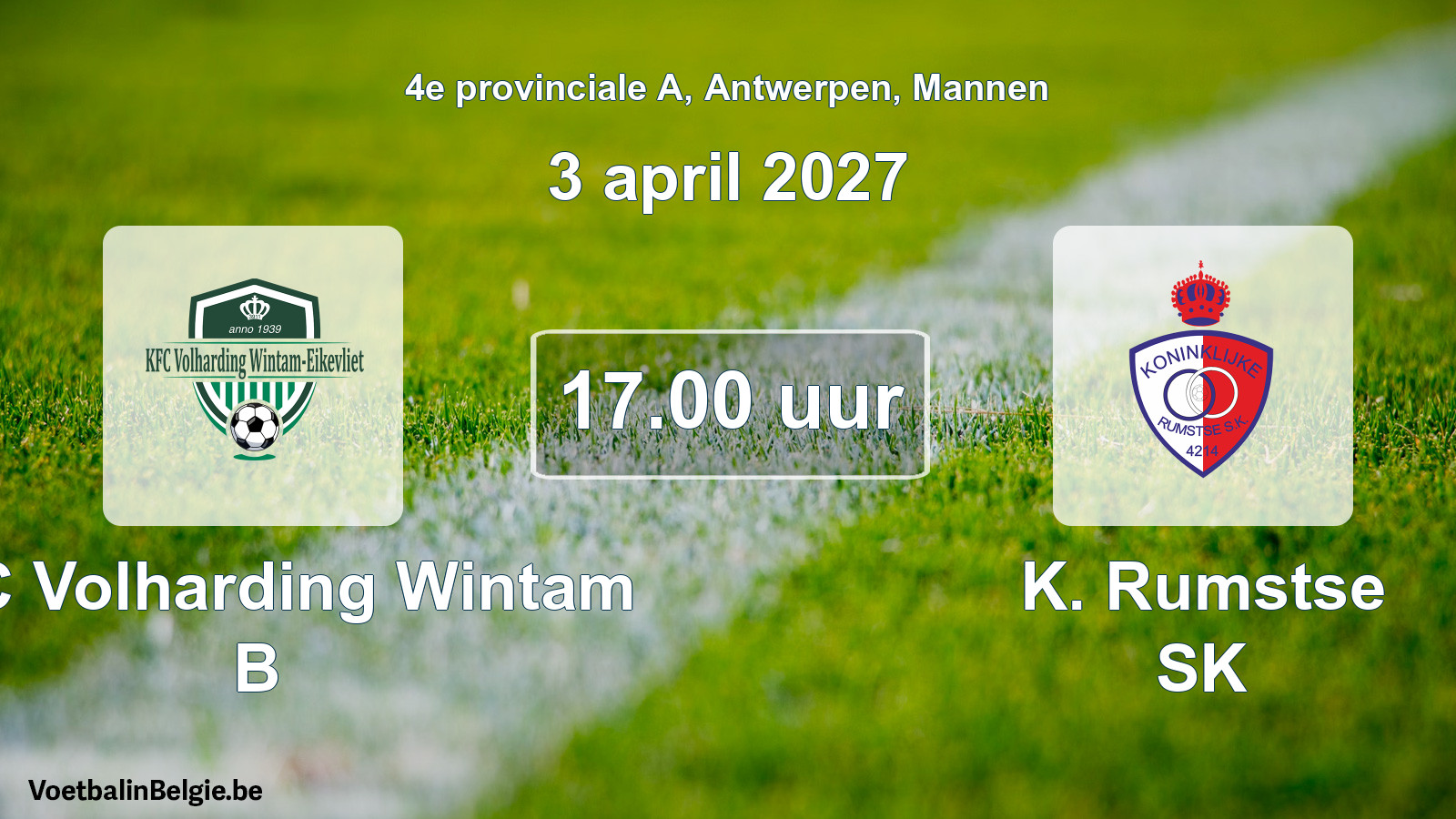 Geplande wedstrijd mannenvoetbal: KFC Volharding Wintam B - K. Rumstse SK (3 april 2027)