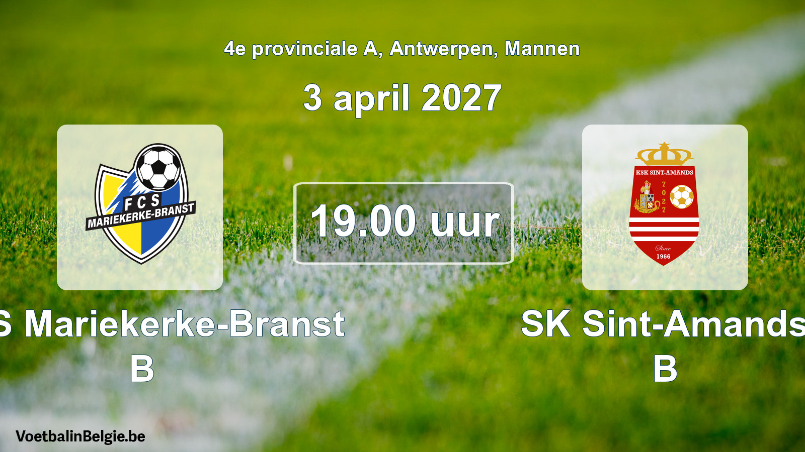 Geplande wedstrijd mannenvoetbal: FCS Mariekerke-Branst B - SK Sint-Amands B (3 april 2027)