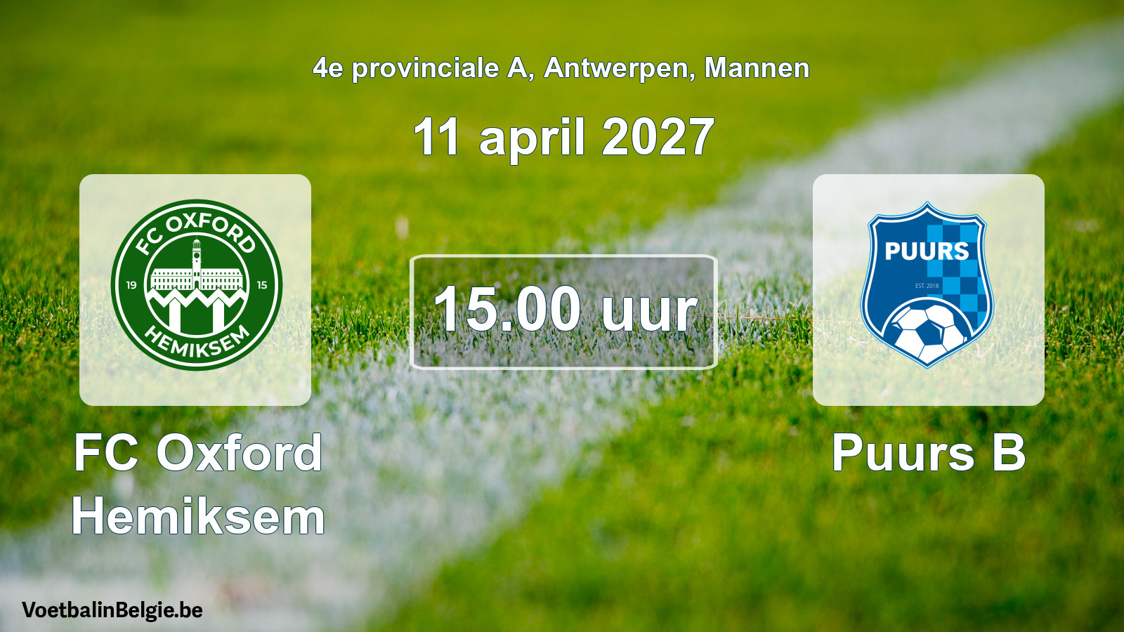 Geplande wedstrijd mannenvoetbal: FC Oxford Hemiksem - Puurs B (11 april 2027)