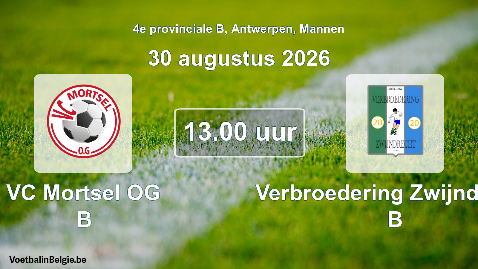Geplande wedstrijd mannenvoetbal: VC Mortsel OG B - Verbroedering Zwijndrecht B (30 augustus 2026)