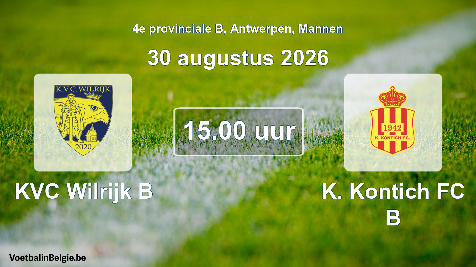 Geplande wedstrijd mannenvoetbal: KVC Wilrijk B - K. Kontich FC B (30 augustus 2026)