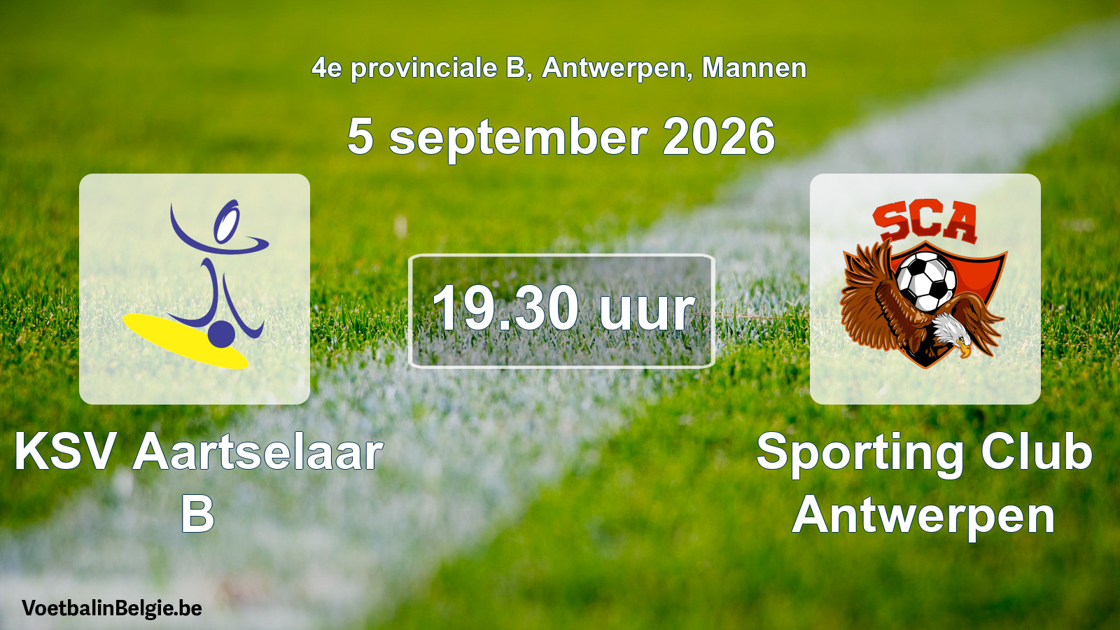 Geplande wedstrijd mannenvoetbal: KSV Aartselaar B - Sporting Club Antwerpen (5 september 2026)