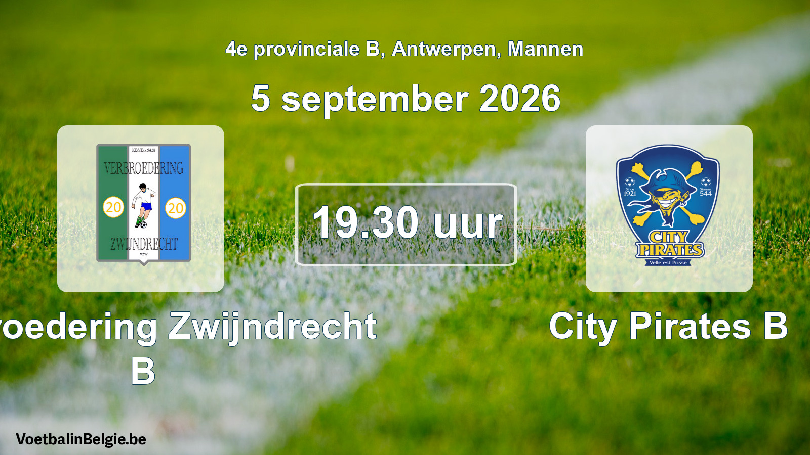 Geplande wedstrijd mannenvoetbal: Verbroedering Zwijndrecht B - City Pirates B (5 september 2026)